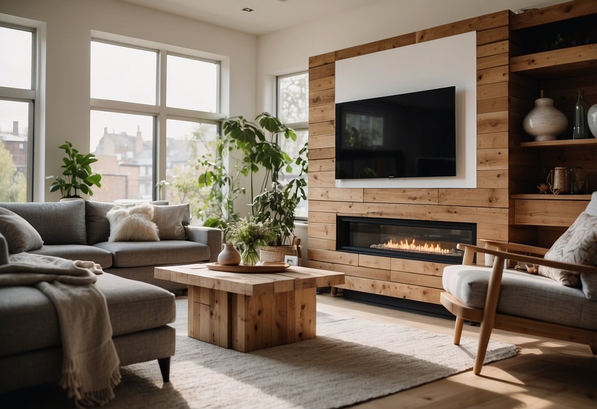 A modern living room with eco-friendly furniture, made from reclaimed wood and recycled materials. Bright natural light filters through large windows, illuminating the sustainable choices in furniture