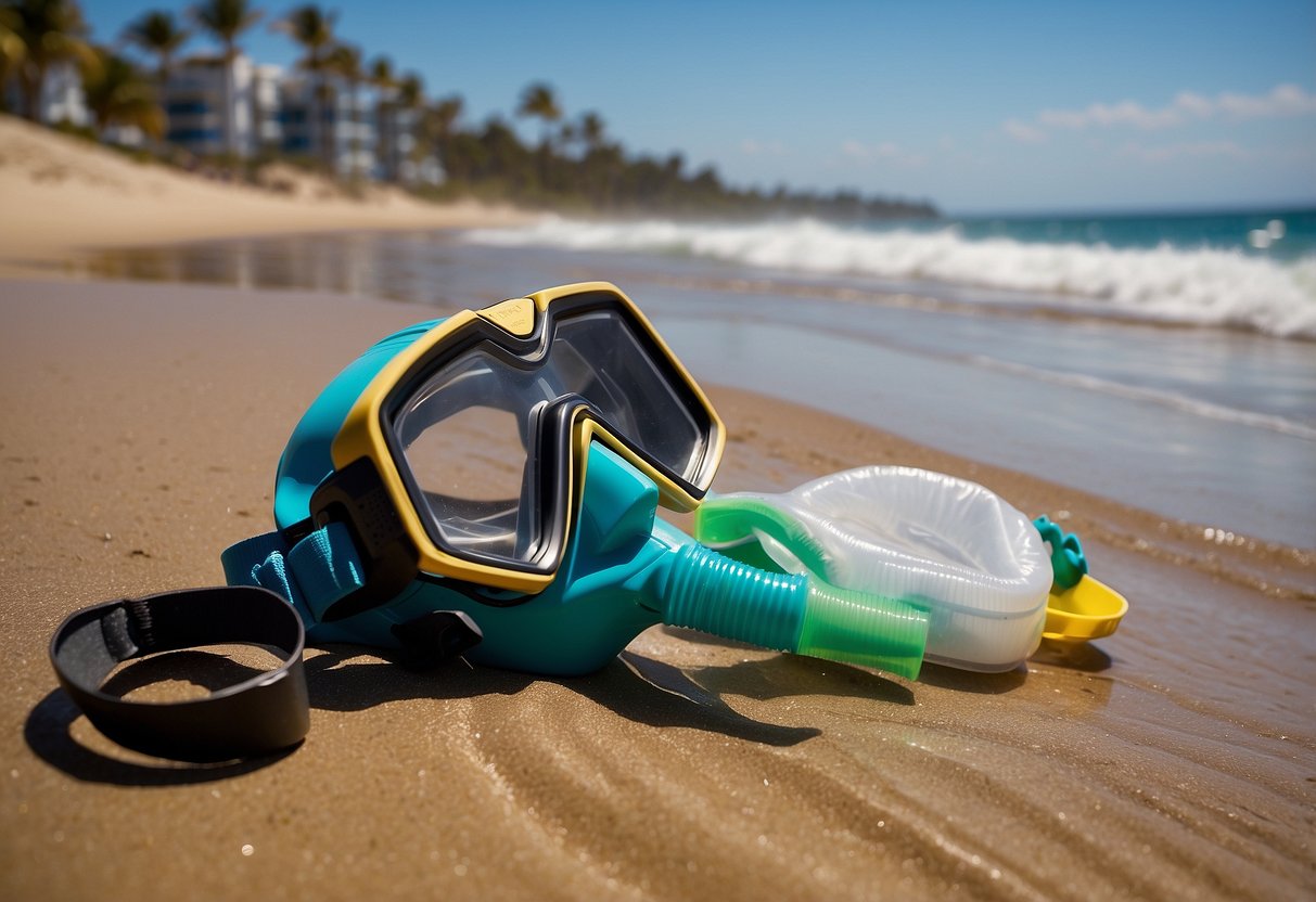 A snorkel and mask lay on a sandy beach, surrounded by waterproof bags, containers, and a roll of duct tape. Waves crash in the background