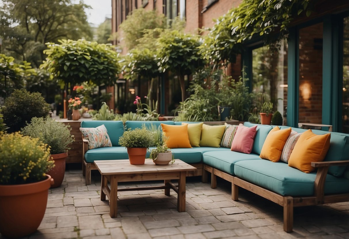 A cozy outdoor seating area with a table and chairs, surrounded by lush greenery and colorful potted plants. The furniture is clean and well-maintained, with comfortable cushions and pillows