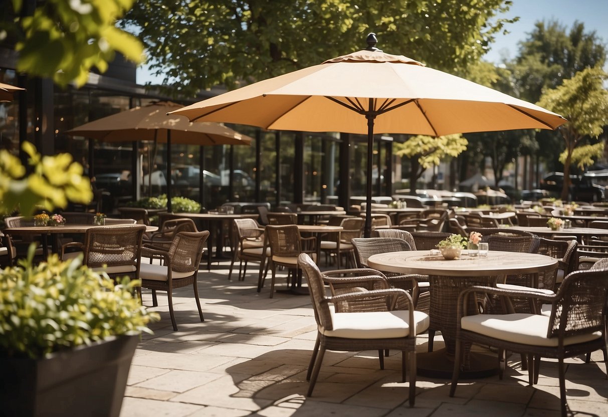 A sunny outdoor patio with a variety of seating options, including tables and chairs, umbrellas, and comfortable cushions. The space is inviting and well-organized for customers to relax and enjoy their time