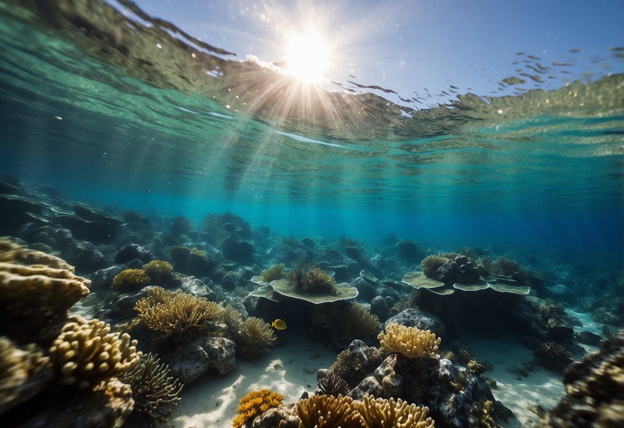 Crystal clear water rushes over vibrant coral reefs, creating a mesmerizing underwater landscape. Fish dart through the currents as snorkelers navigate with ease using proper techniques