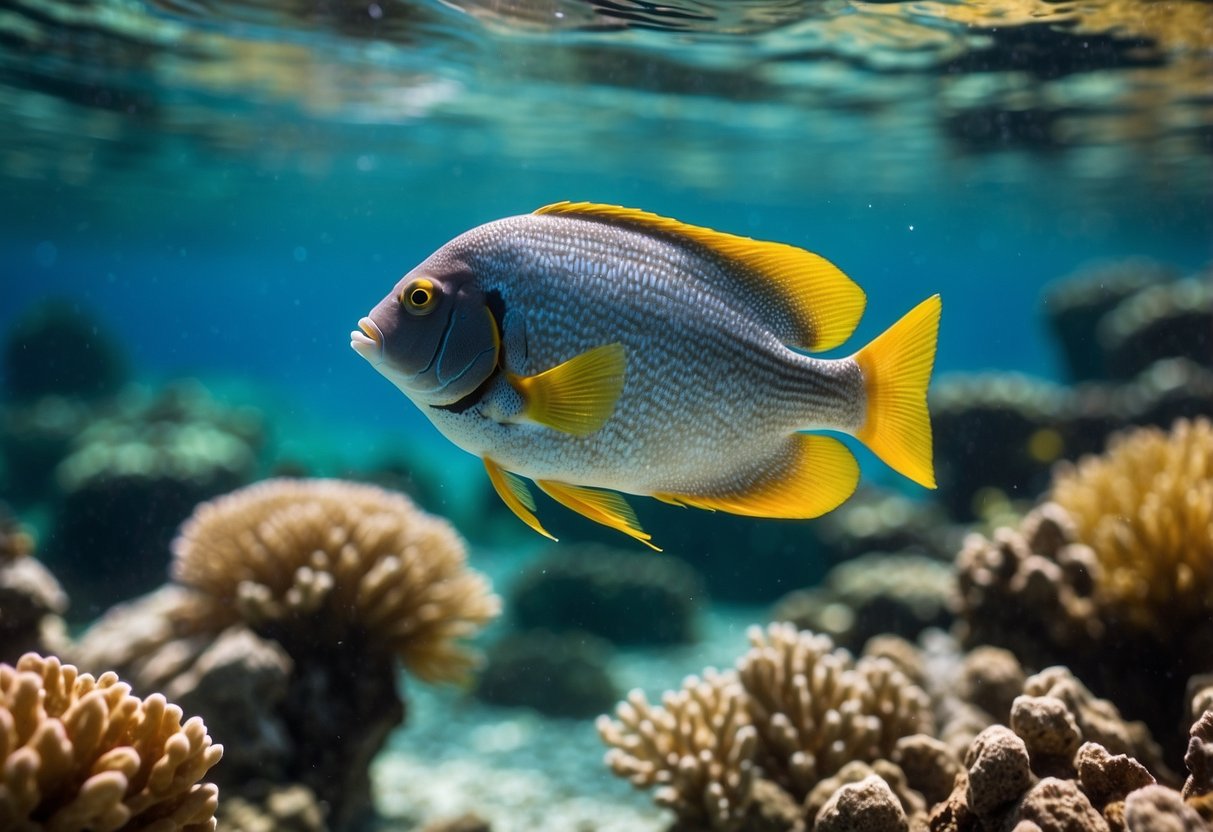 Crystal clear water, colorful coral, and fish. Strong currents flow gently, creating a peaceful underwater world. Sunlight filters through the water, creating a serene and tranquil atmosphere