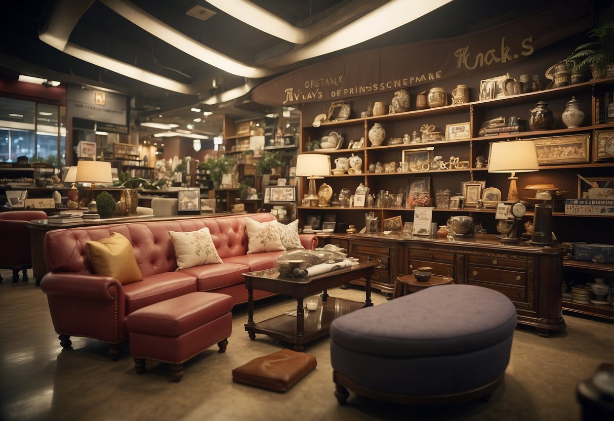 A cluttered furniture store with shelves of assorted items and a sign reading "Frequently Asked Questions hock siong furniture singapore."