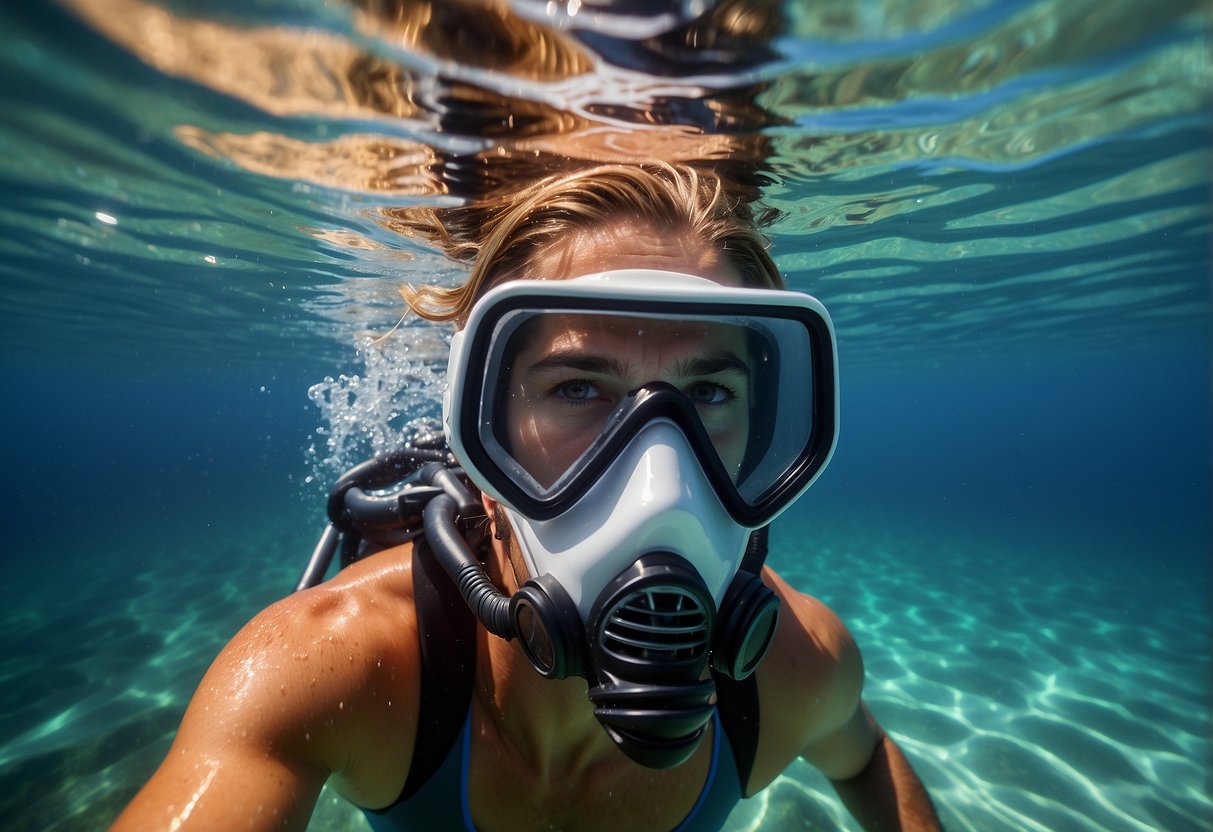 A snorkeler wearing a full-face snorkel mask, navigating through strong currents with caution