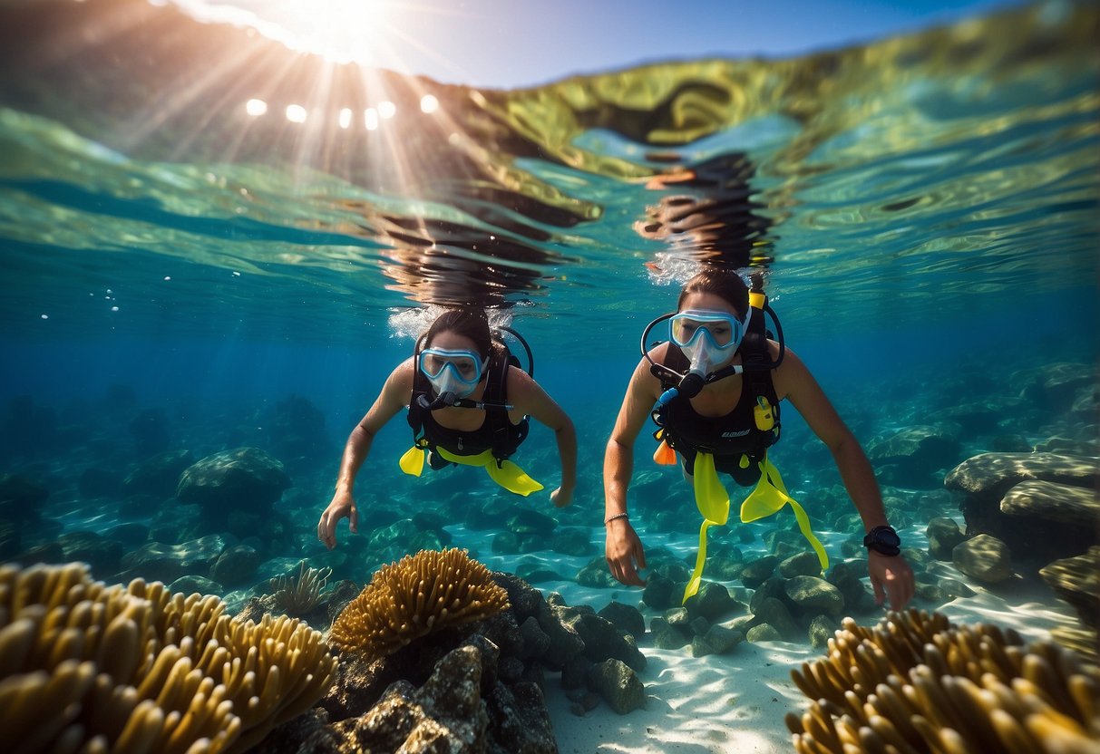 Crystal-clear water with vibrant coral and fish. Two snorkelers use a buddy system, staying close in high currents. They signal and communicate effectively