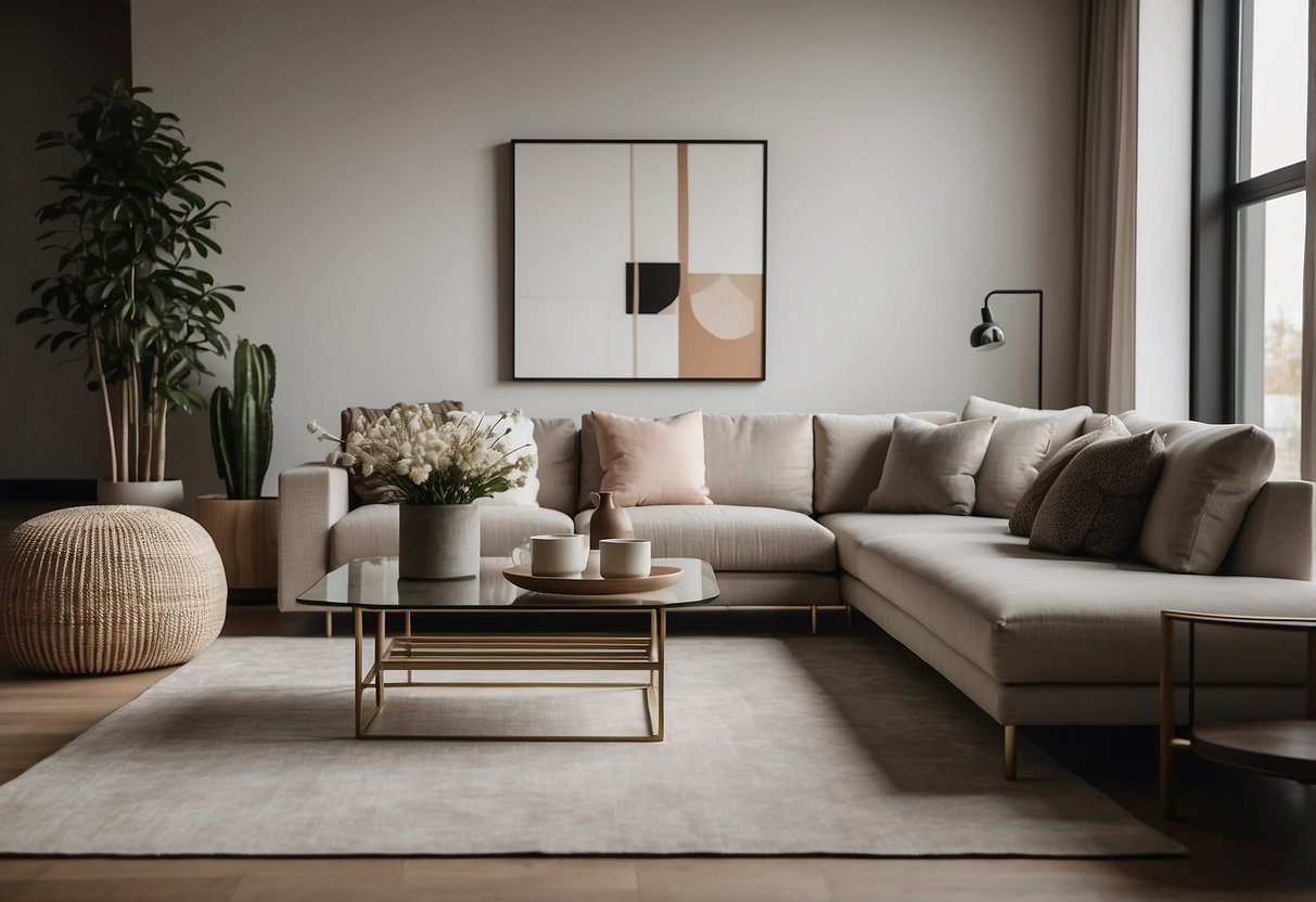 A modern living room with sleek Plato furniture, including a minimalist sofa, coffee table, and floor lamp. Clean lines and neutral colors create a contemporary and inviting space