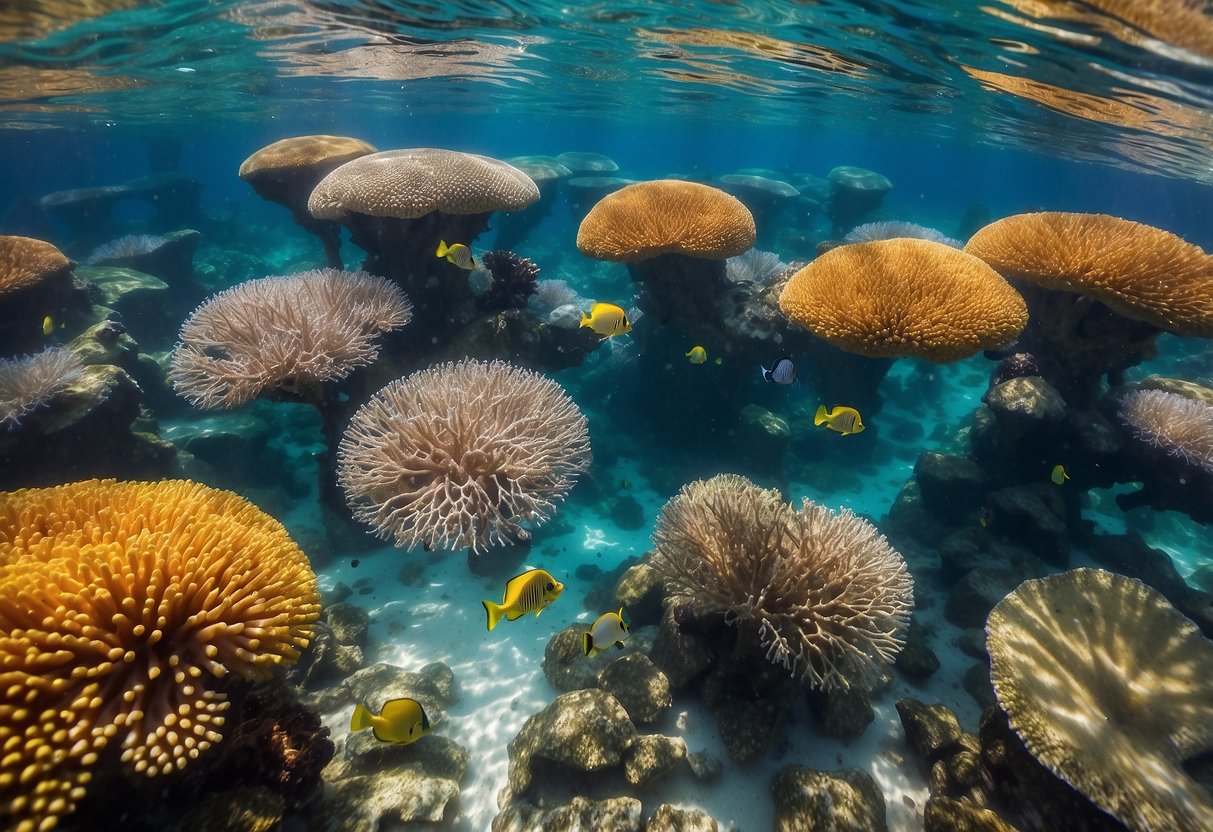 Crystal-clear water swirls around colorful coral as snorkelers practice deep breathing techniques to navigate high currents