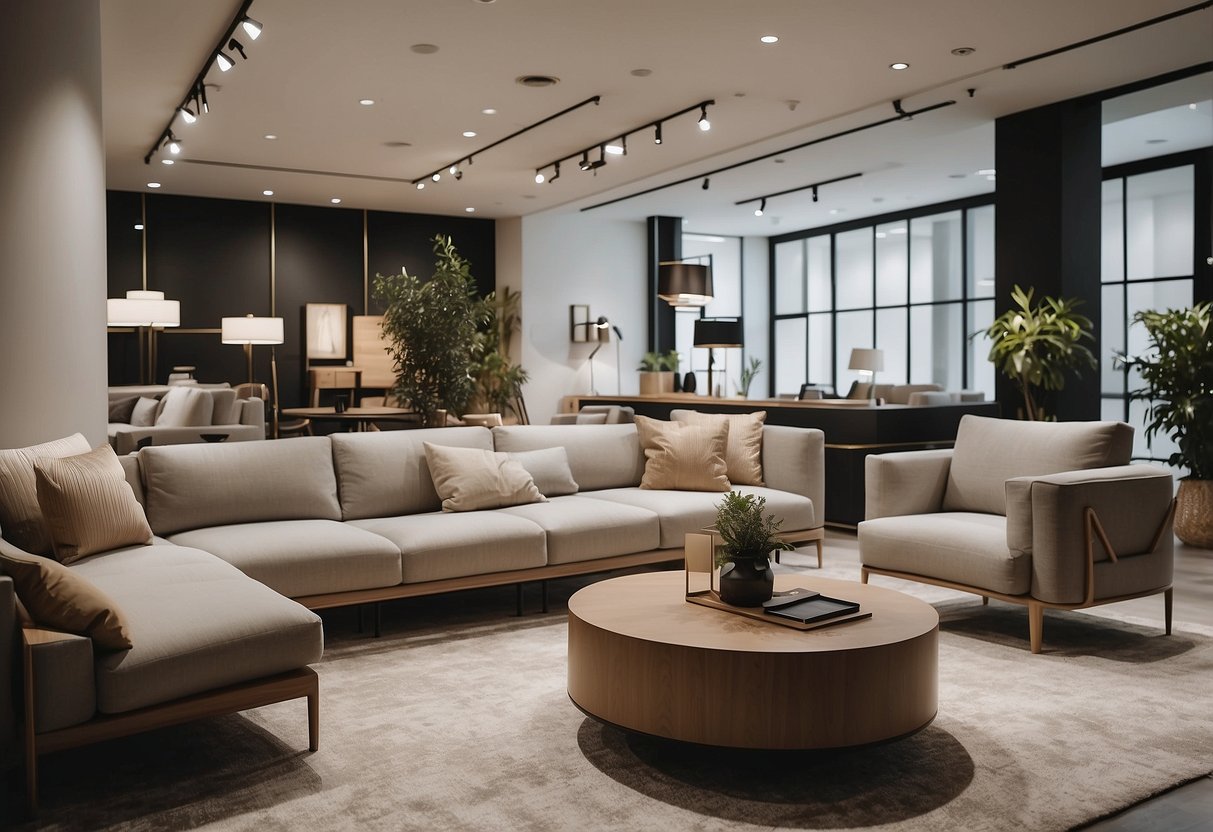A spacious showroom displays modern Plato furniture collections. Clean lines, neutral tones, and sleek designs create a minimalist yet inviting atmosphere