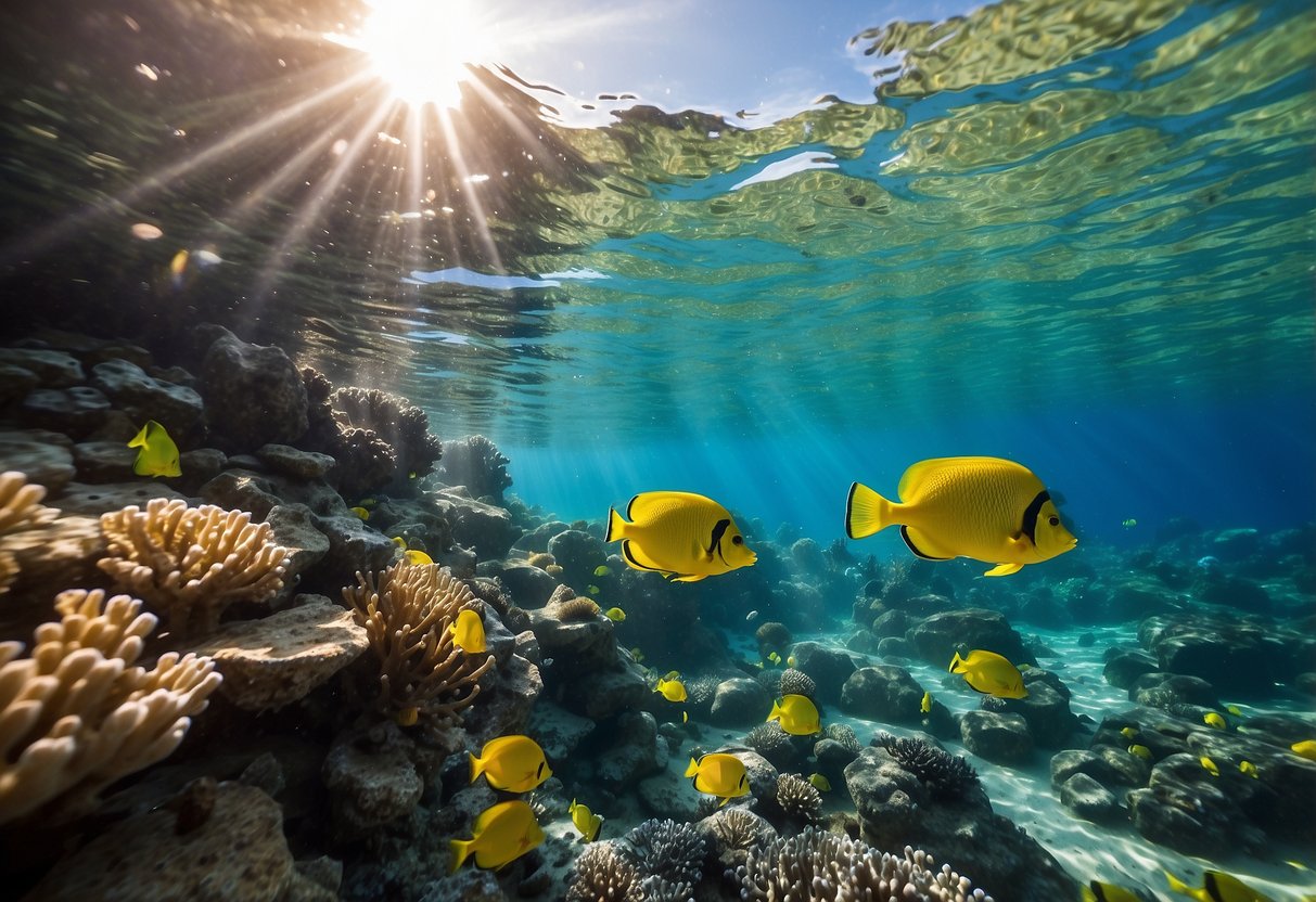 Crystal-clear water swirls around vibrant coral formations as snorkelers navigate through high currents. Brightly colored fish dart in and out of the reef, while the sun's rays dance on the ocean floor