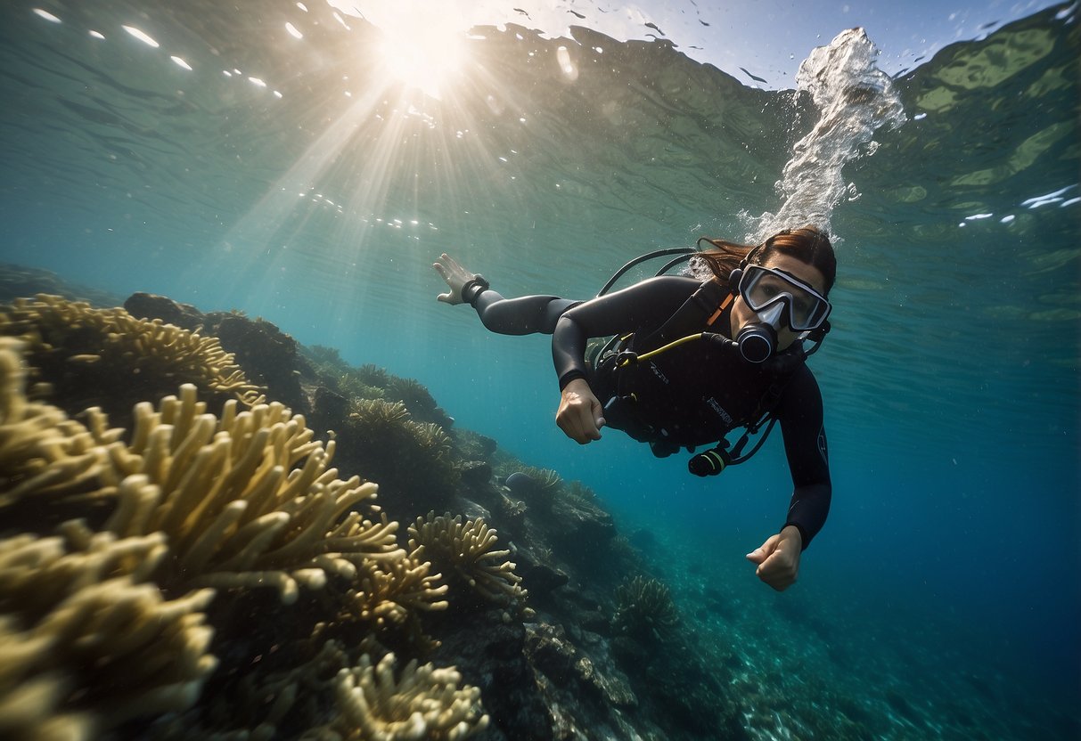 A snorkeler uses fins to navigate through strong currents, adjusting their angle for better control