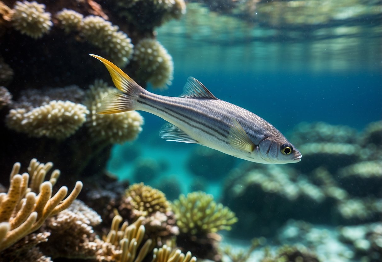 Crystal clear water rushes through a vibrant coral reef, creating swirling patterns. Fish dart in and out of the current, while snorkelers navigate carefully