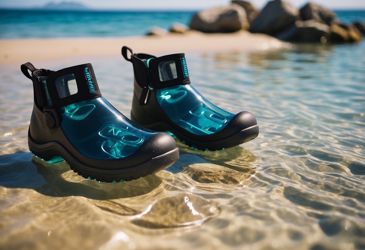 Crystal-clear water surrounds 5 pairs of snug snorkeling boots on a sandy ocean floor. Sunlight streams through the water, illuminating the comfortable footwear