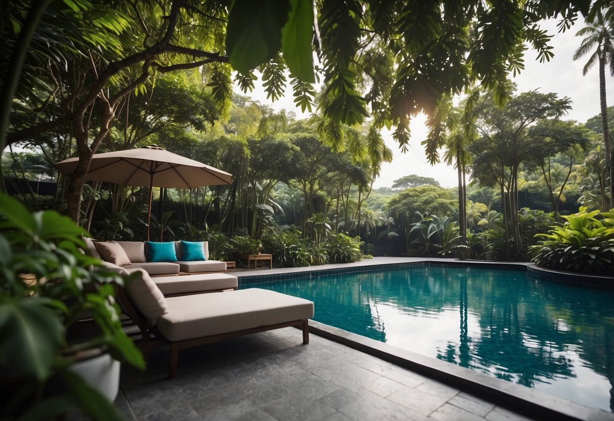 A poolside in Singapore with modern, sleek furniture arranged under a canopy, surrounded by lush greenery and a sparkling, blue pool