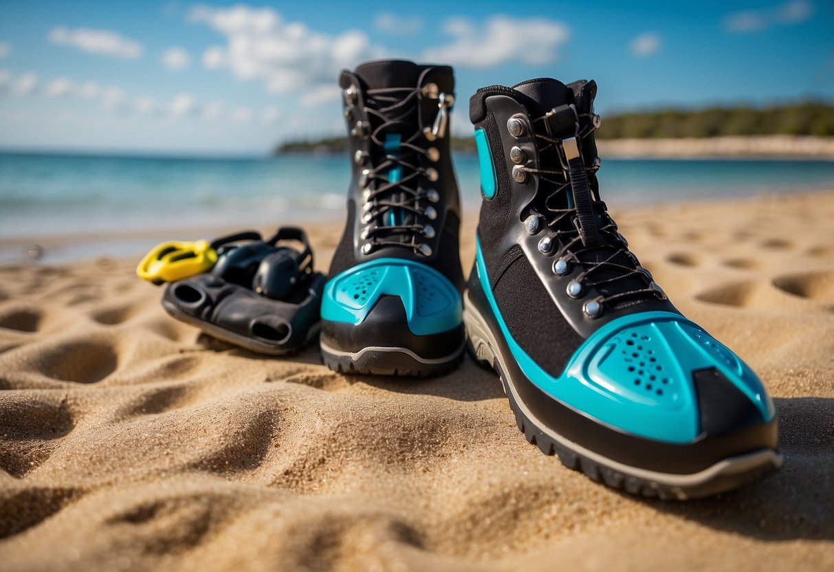 The Aqua Lung 3mm Superzip Ergo Boots are laid out on a sandy beach, surrounded by colorful snorkeling gear. The sun is shining, and the crystal-clear water is visible in the background