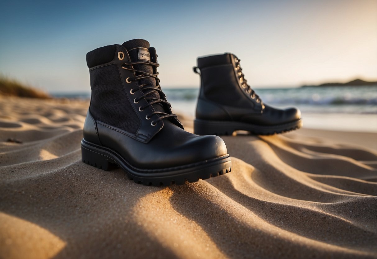 A pair of Seavenger Zephyr 3mm Neoprene Boots resting on a sandy beach, with gentle waves lapping at the shore in the background