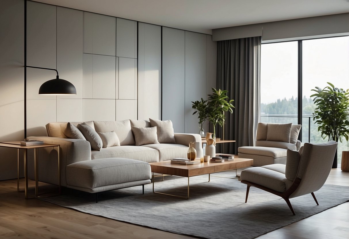 A room with modern furniture, including a sleek sofa, a minimalist coffee table, and a stylish bookshelf. The furniture is arranged in a clean and organized manner, creating a contemporary and inviting atmosphere