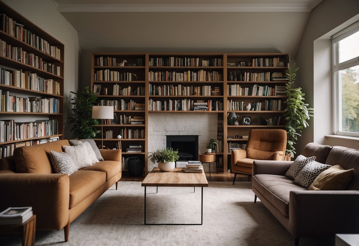 A cozy living room with a comfortable sofa, a stylish coffee table, and a soft rug. A modern bookshelf filled with books and decorative items. Bright natural light streaming in through the windows