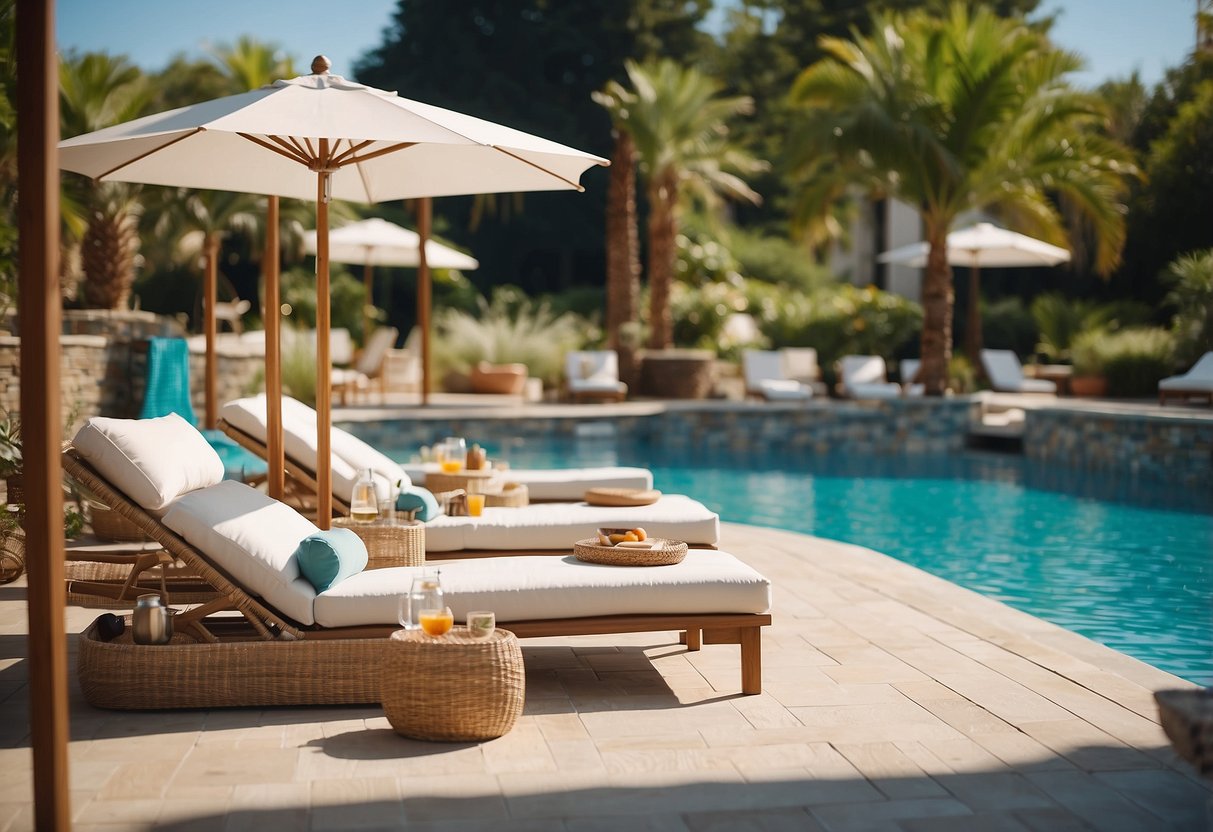 A sunny outdoor space with a sparkling pool, surrounded by stylish and comfortable pool furniture, including lounge chairs, umbrellas, and side tables