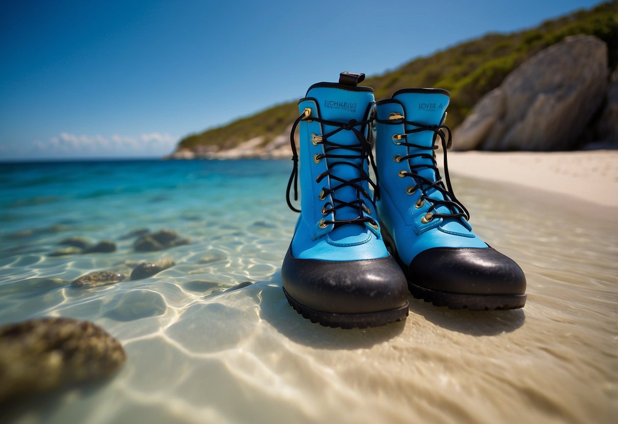 Clear blue water surrounds a pair of snorkeling boots resting on the sandy ocean floor. The boots are cushioned and provide support for the wearer's feet, ensuring a comfortable and enjoyable snorkeling experience