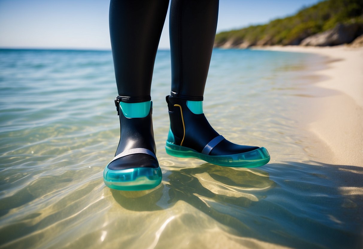 Crystal-clear water surrounds a pair of snug snorkeling boots on a sandy ocean floor. The boots are made for comfort and protection, with sturdy soles and adjustable straps