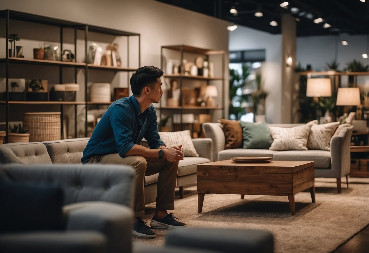 A person browsing through a variety of affordable furniture options in a Singapore home furniture store