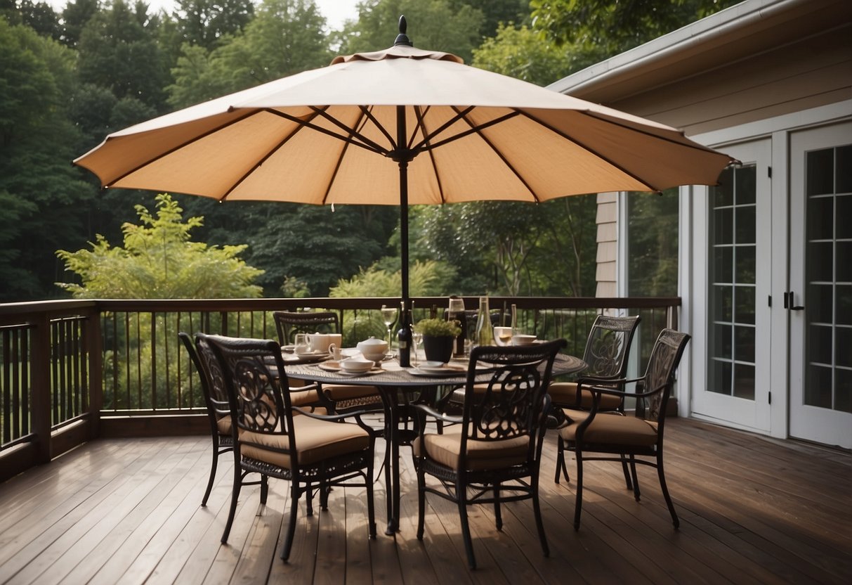 A patio set with a table, chairs, and umbrella arranged on a deck overlooking a lush garden