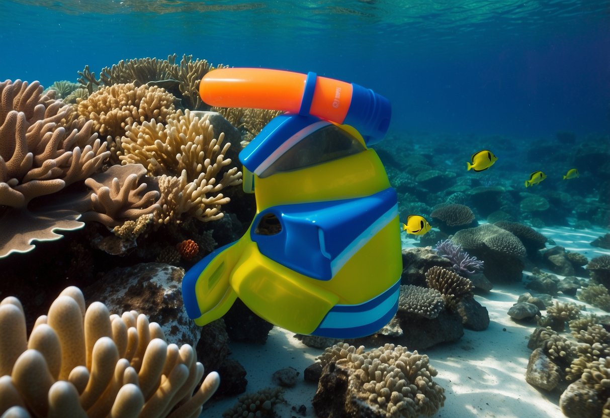 Crystal clear water, colorful coral reefs, snorkel gear, calm waves, safety buoy, underwater visibility, marine life, proper breathing technique, sun protection, and emergency plan