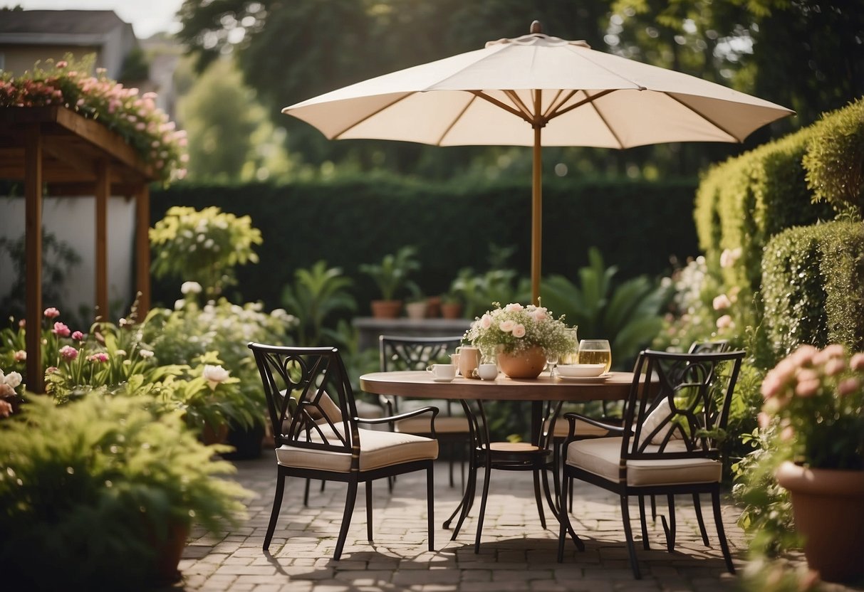 A backyard patio with a dining set, lounge chairs, and a parasol, surrounded by lush greenery and blooming flowers