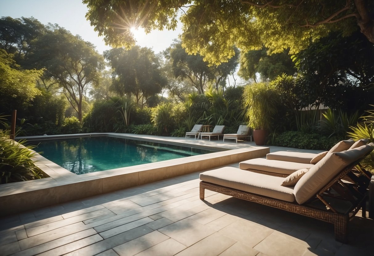 A cozy outdoor space with modern pool furniture, surrounded by lush greenery and a sparkling pool under the warm sun