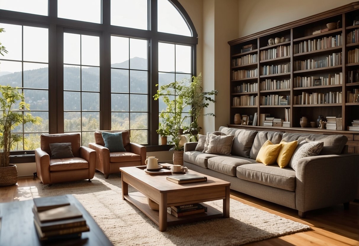 A cozy living room with a plush sofa, a coffee table, and a soft rug. A bookshelf filled with books and decorative items. Bright natural light streaming in through large windows