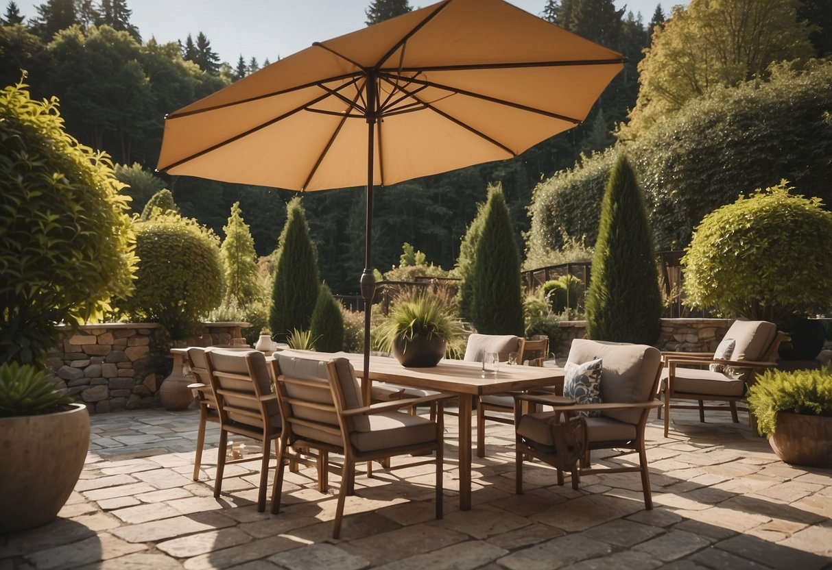A patio with a dining set, lounge chairs, and umbrellas. The furniture is arranged neatly on a stone or wooden patio, surrounded by lush greenery
