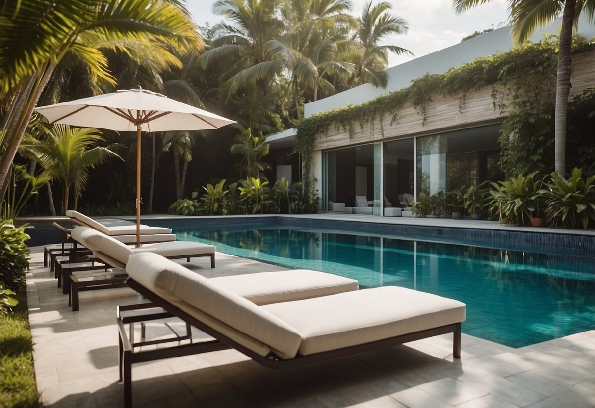 A poolside with sleek, modern furniture arranged in an inviting and organized manner, with a backdrop of lush greenery and clear blue water