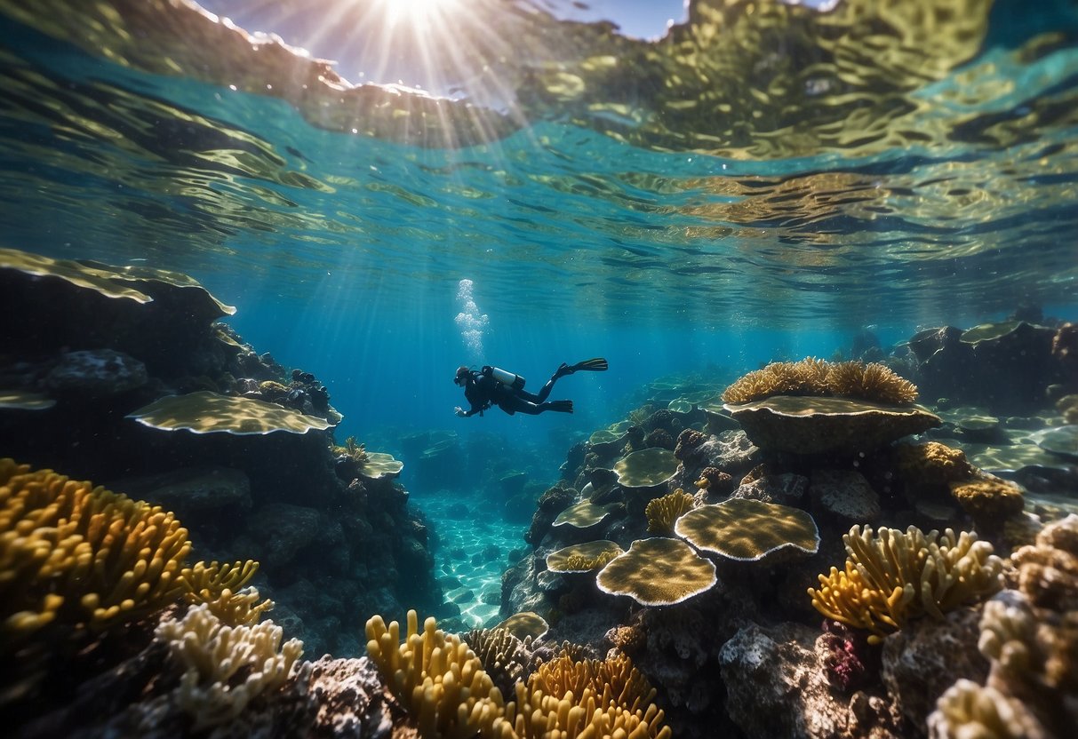 Crystal clear water surrounds a snorkeler. A colorful reef teems with marine life below. Sunlight filters through the gentle waves