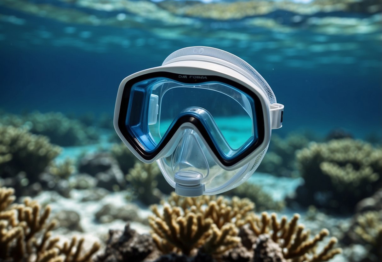 A clear, blue ocean with a vibrant coral reef below. A high-quality mask and snorkel float on the surface, ready for safe snorkeling