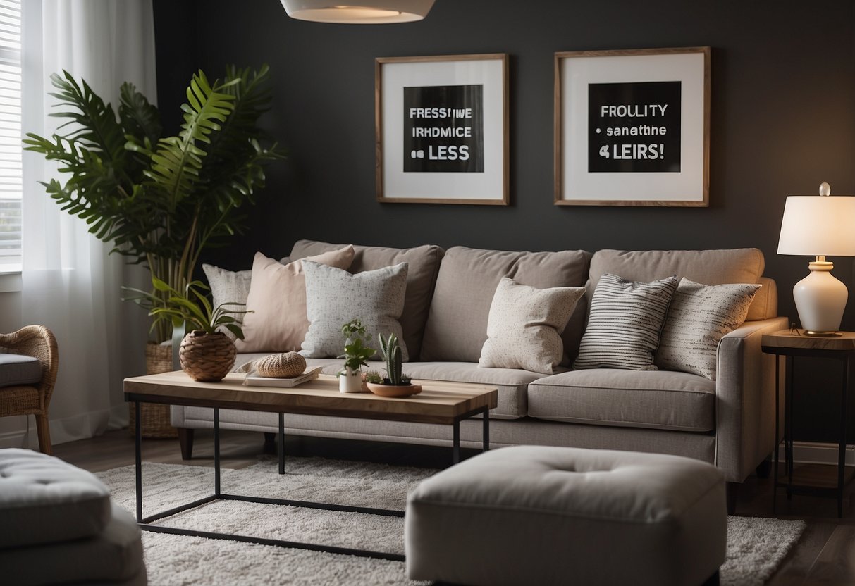 A cozy living room with affordable furniture arranged neatly. A sign reads "Frequently Asked Questions: Home Furniture for Less" above a friendly customer service representative