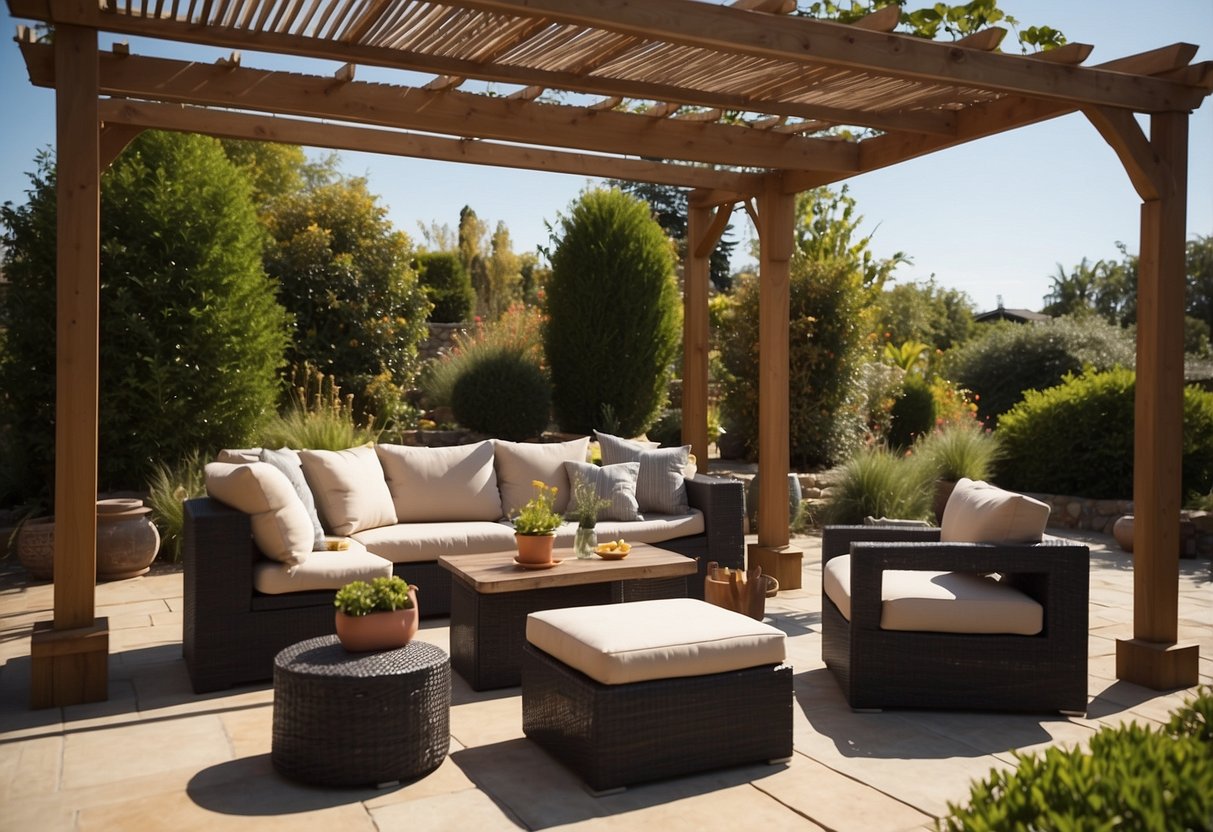 An outdoor furniture package displayed in a sunny garden setting with a pergola, table, chairs, and decorative cushions