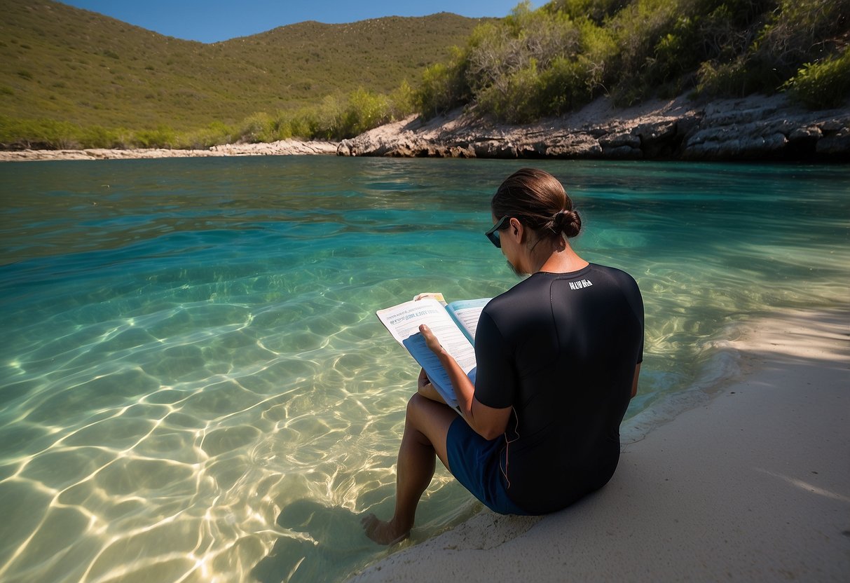 A snorkeler reads local guidelines before practicing safe snorkeling skills