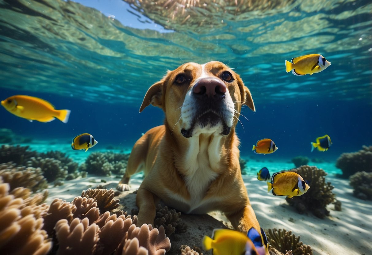 Pets snorkeling in clear blue water, surrounded by colorful fish and coral. Owner guides them with a leash, ensuring safety and fun. Sunshine illuminates the scene, creating a peaceful and joyful atmosphere