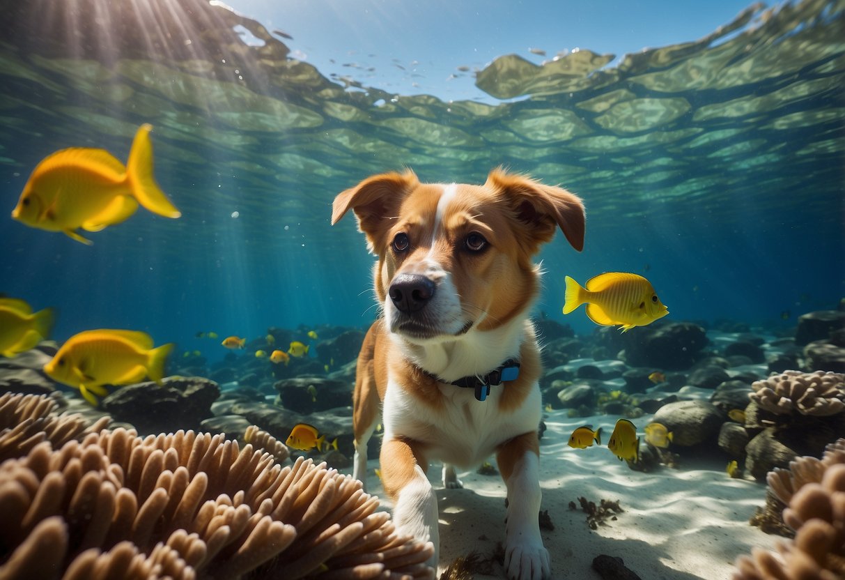 A dog with a snorkel and fins explores a shallow, clear ocean water, surrounded by colorful fish and coral