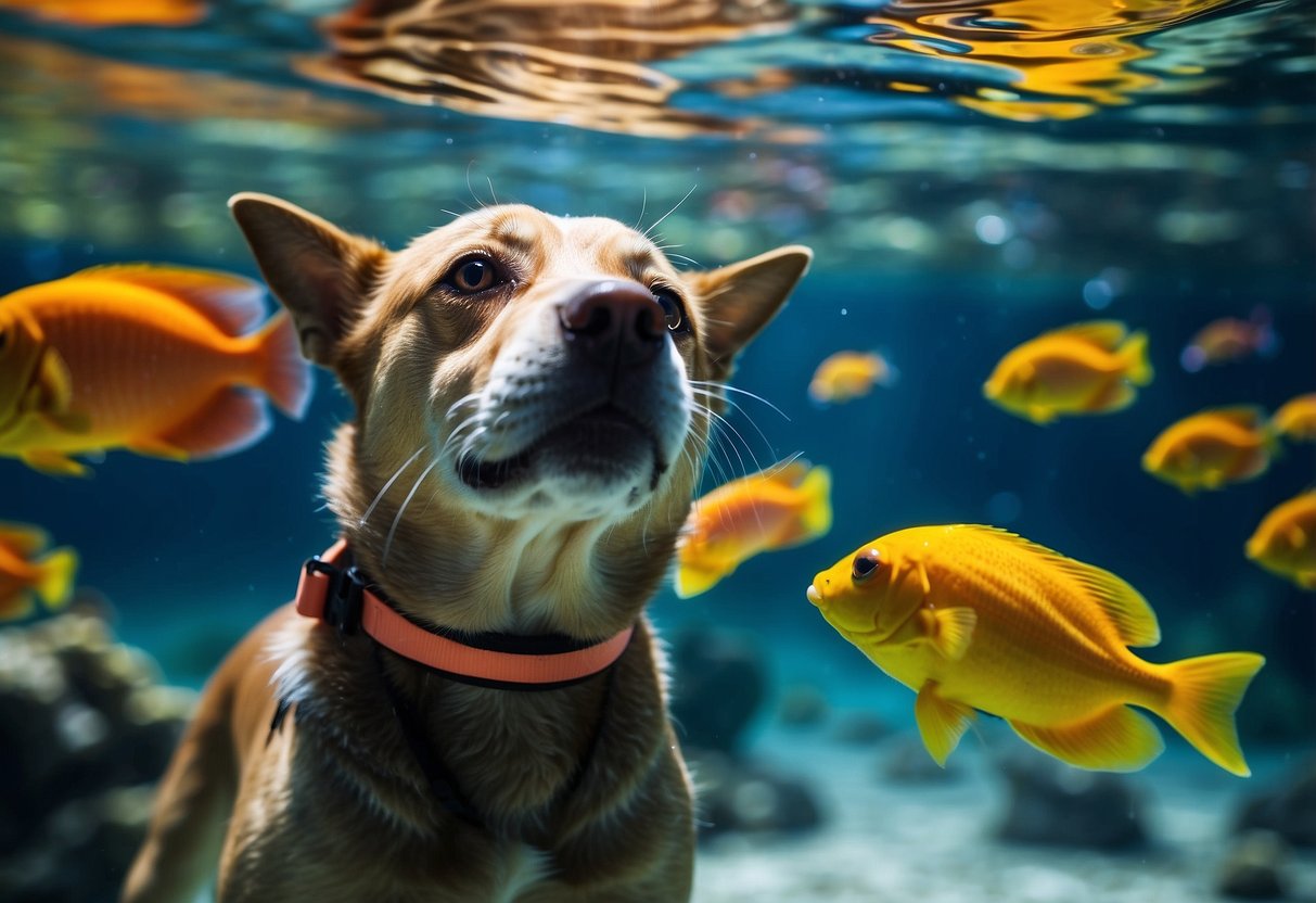 A dog wearing a snorkel mask and fins swims among colorful fish and coral in clear, calm waters. A cat floats on a pet-friendly raft, watching the underwater scene