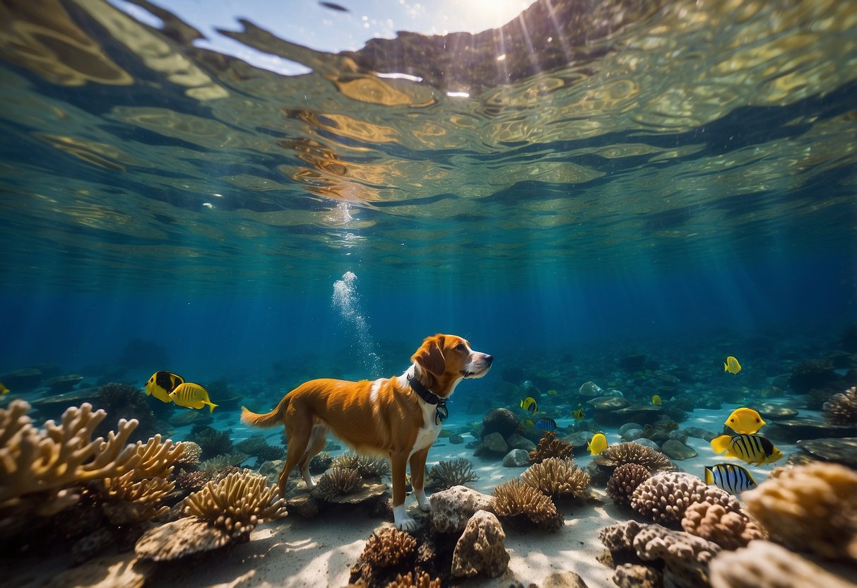 Calm, shallow waters with colorful fish and coral. A dog and cat snorkel alongside their owner, following safety tips