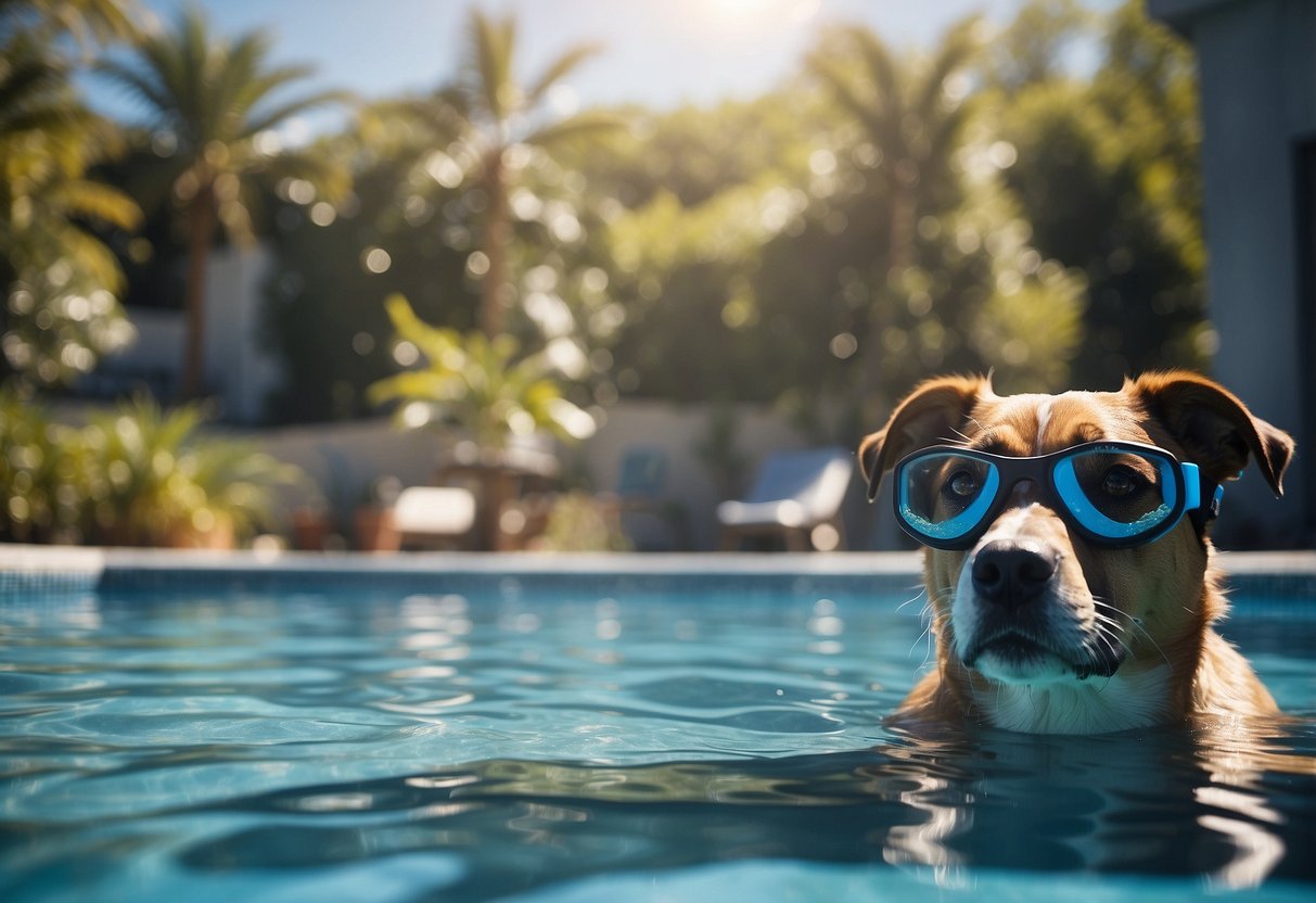 Pets in pool with snorkels, practicing. 7 tips displayed nearby. Blue water, sunny day