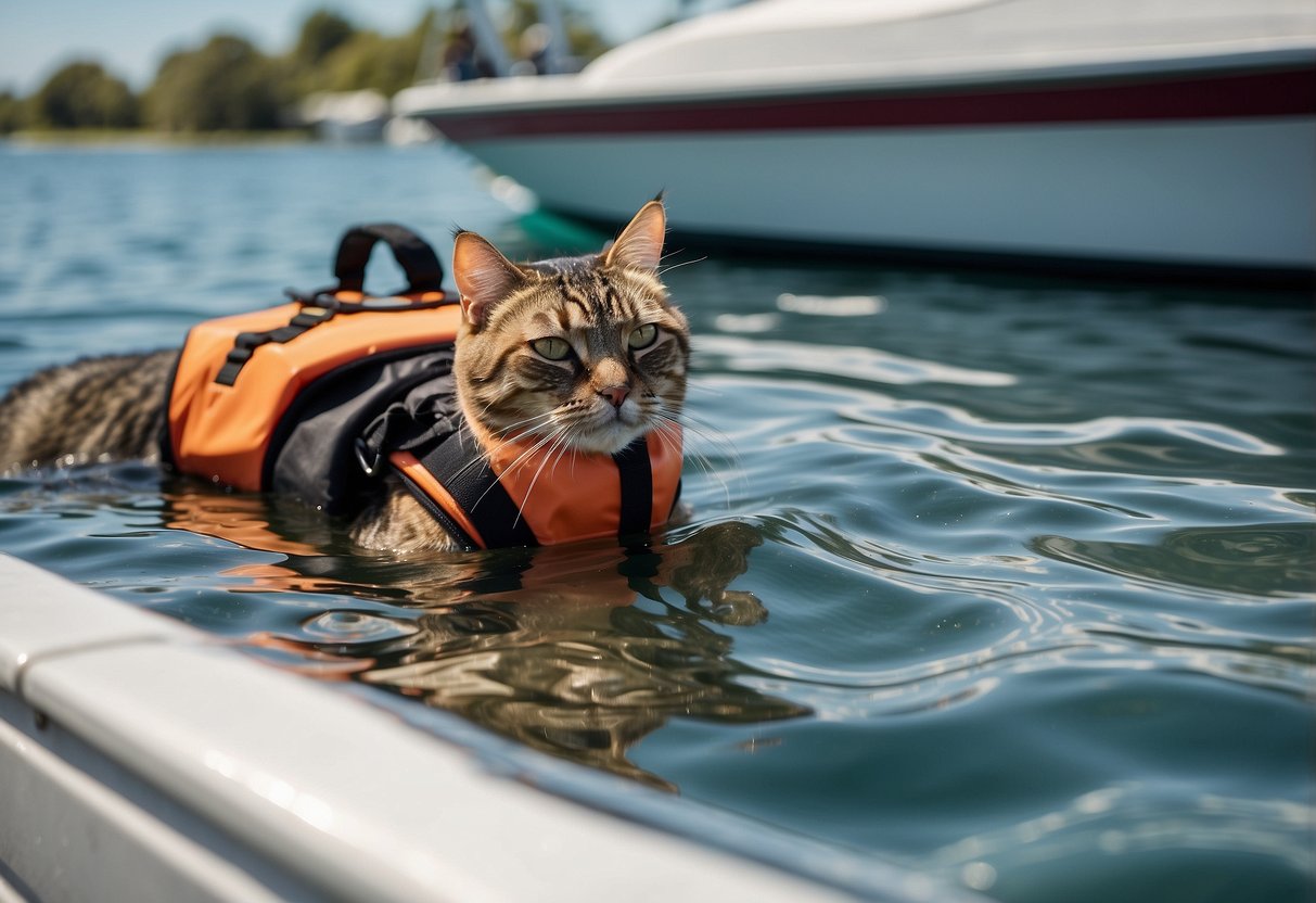 A dog wearing a snorkel and life jacket floats on the water's surface, while a cat lounges on a nearby boat deck, both looking content and comfortable