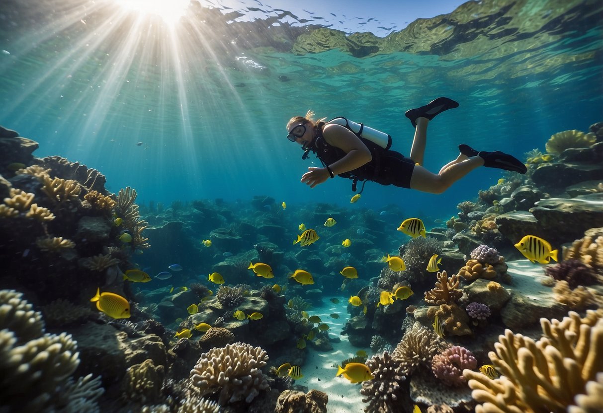 Crystal clear water, colorful coral reefs, and a variety of marine life swimming gracefully beneath the surface. A snorkeler with a pet dog or cat exploring the underwater world together