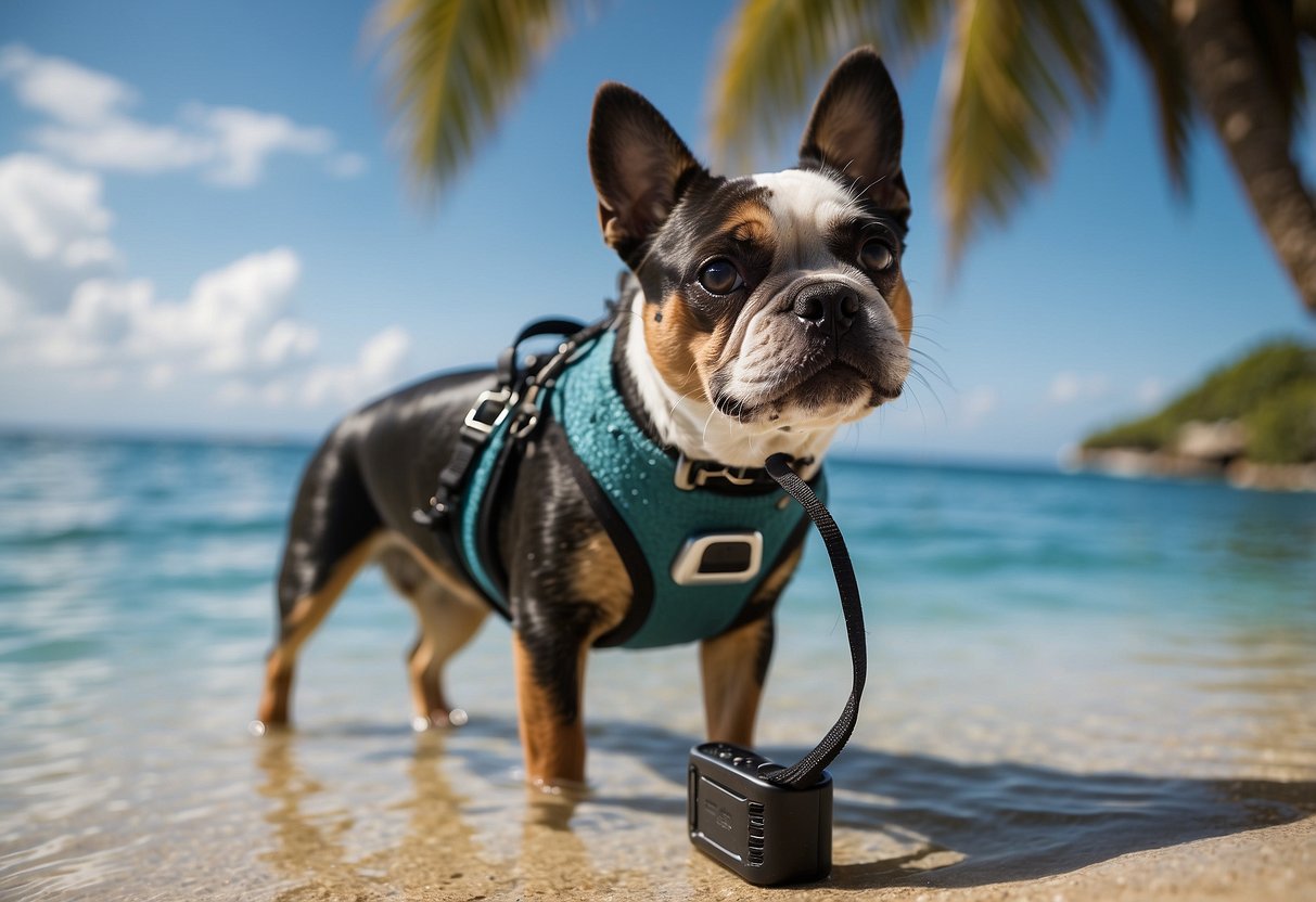 A snorkeler holds a pet's leash with one hand and a waterproof phone case with the other, ready for any emergency while exploring the ocean