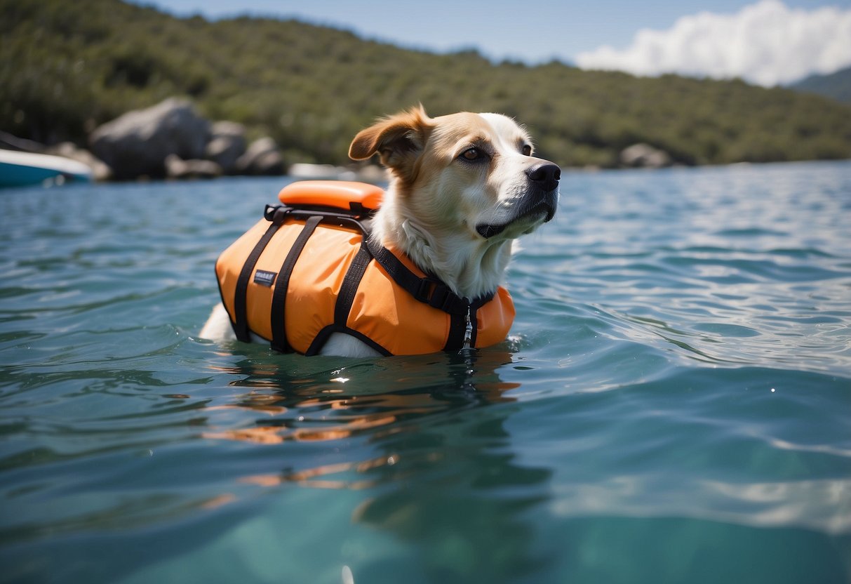 A dog wearing a life jacket and snorkel gear explores a calm, clear ocean. A buoyant leash connects the pet to a responsible owner on a nearby paddleboard