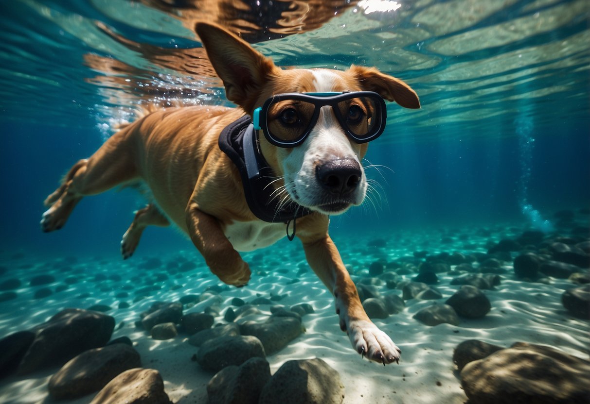 A dog wearing a snorkel and fins swims alongside its owner in clear, turquoise water. The pet follows hand signals and stays close, enjoying the underwater adventure