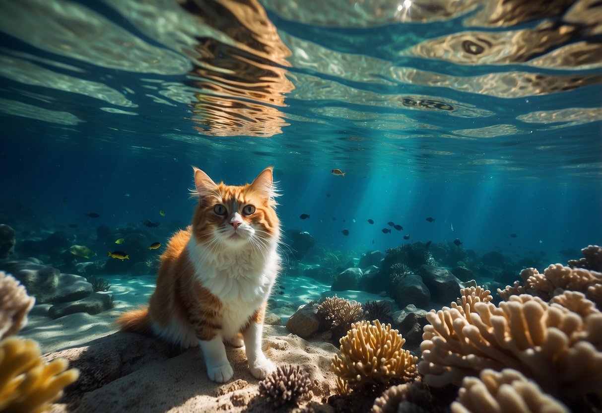 A dog and cat snorkel in clear, calm waters with vibrant coral and fish. Sunlight filters through the water, creating a peaceful and serene underwater scene