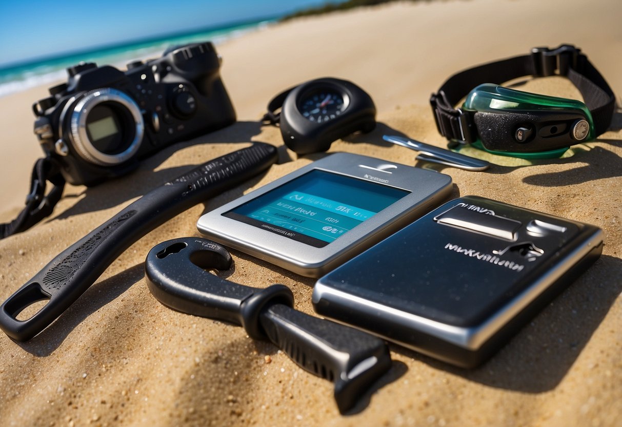 A snorkeler's gear spread out on a sandy beach, including a dive knife, underwater camera, compass, and fish ID card