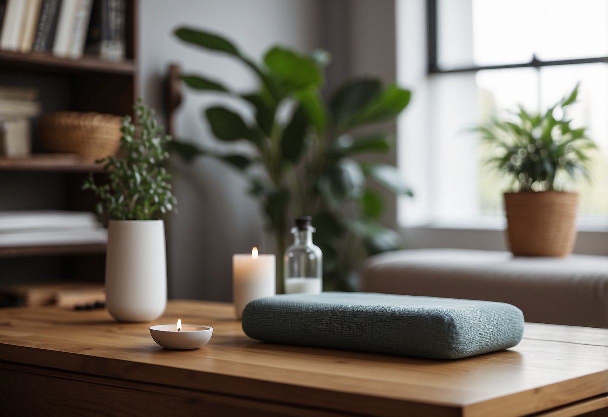 A cozy living room with a yoga mat, meditation cushion, and essential oil diffuser on a wooden coffee table. A bookshelf filled with wellness books and a peaceful plant in the corner